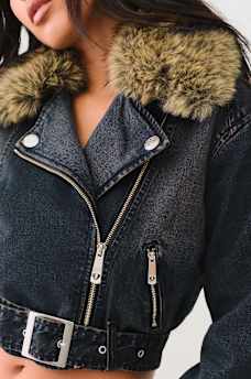 FUR TRIM DENIM MOTO JACKET, image 1