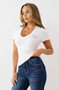 CRYSTAL TRUE LOGO V NECK TEE, image 5