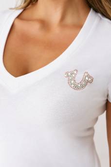 CRYSTAL TRUE LOGO V NECK TEE, image 7