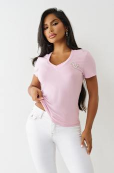CRYSTAL TRUE LOGO V NECK TEE, image 2