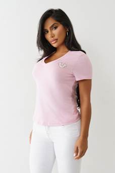 CRYSTAL TRUE LOGO V NECK TEE, image 4
