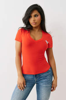CRYSTAL TRUE LOGO V NECK TEE, image 2