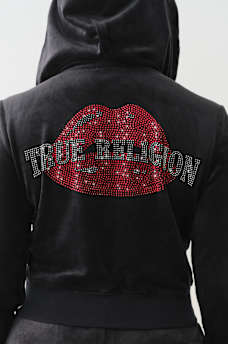 VELOUR CRYSTAL LIPS SHRUNKEN ZIP HOODIE, image 2
