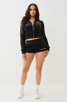 VELOUR CRYSTAL LIPS SHRUNKEN ZIP HOODIE, image 3