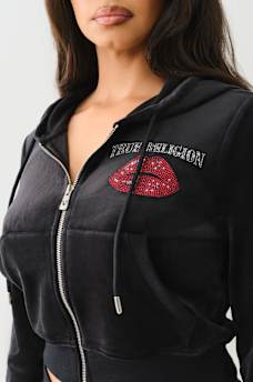 VELOUR CRYSTAL LIPS SHRUNKEN ZIP HOODIE, image 4