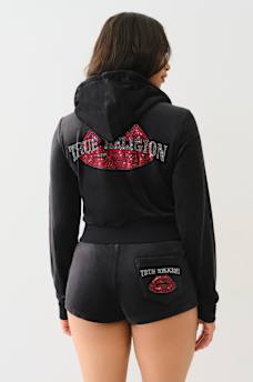 VELOUR CRYSTAL LIPS SHRUNKEN ZIP HOODIE, image 5