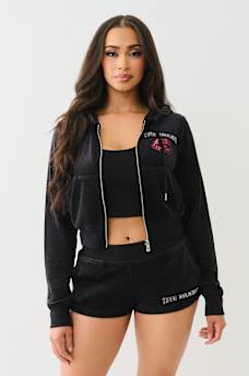 VELOUR CRYSTAL LIPS SHRUNKEN ZIP HOODIE, image 6