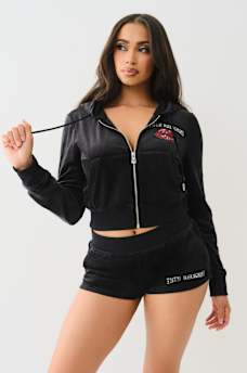 VELOUR CRYSTAL LIPS SHRUNKEN ZIP HOODIE, image 1