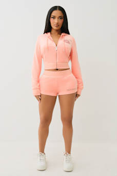 VELOUR CRYSTAL LIPS SHRUNKEN ZIP HOODIE, image 3