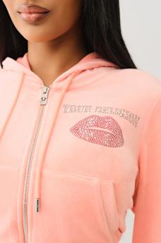 VELOUR CRYSTAL LIPS SHRUNKEN ZIP HOODIE, image 4