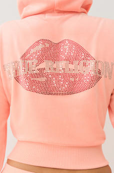 VELOUR CRYSTAL LIPS SHRUNKEN ZIP HOODIE, image 1
