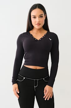 SEAMLESS RIBBED CROP HENLEY TEE, image 1