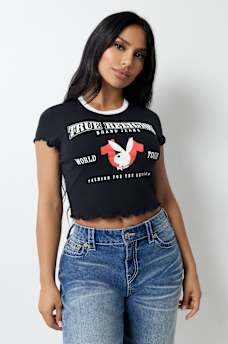 TRUE RELIGION X PLAYBOY LETTUCE EDGE HEM BABY TEE, image 2