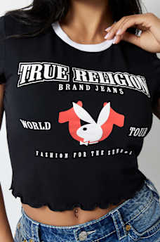 TRUE RELIGION X PLAYBOY LETTUCE EDGE HEM BABY TEE, image 1