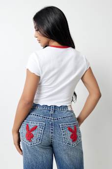 TRUE RELIGION X PLAYBOY LETTUCE EDGE HEM BABY TEE, image 3