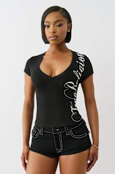 RIBBED SCRIPT LOGO V NECK TOP, image 2