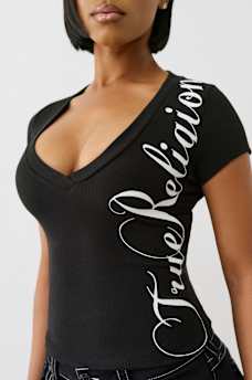 RIBBED SCRIPT LOGO V NECK TOP, image 1
