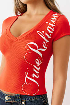 RIBBED SCRIPT LOGO V NECK TOP, image 1