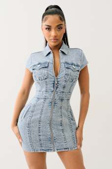 DENIM ZIP FRONT MINI DRESS, image 1