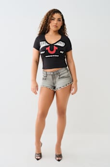 CRYSTAL HORSESHOE V NECK BABY TEE, image 3