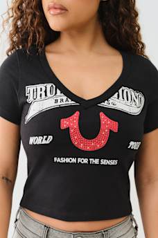 CRYSTAL HORSESHOE V NECK BABY TEE, image 1