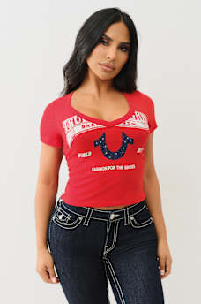CRYSTAL HORSESHOE V NECK BABY TEE, image 2
