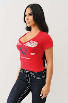 CRYSTAL HORSESHOE V NECK BABY TEE, image 4