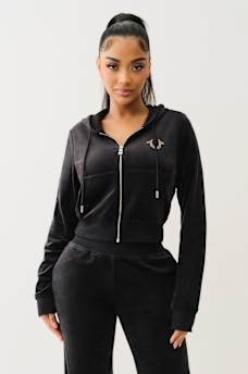 VELOUR CRYSTAL SHRUNKEN ZIP HOODIE, image 2