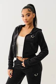 VELOUR CRYSTAL SHRUNKEN ZIP HOODIE, image 4