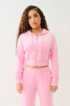 VELOUR CRYSTAL SHRUNKEN ZIP HOODIE, image 2