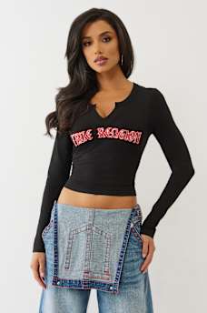 CRYSTAL APPLIQUE V NOTCH LONG SLEEVE TEE, image 2