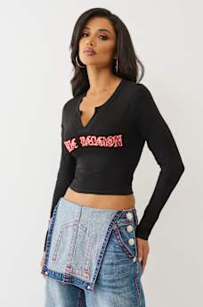 CRYSTAL APPLIQUE V NOTCH LONG SLEEVE TEE, image 4