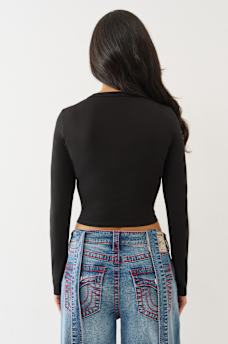 CRYSTAL APPLIQUE V NOTCH LONG SLEEVE TEE, image 5