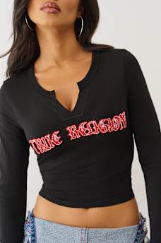 CRYSTAL APPLIQUE V NOTCH LONG SLEEVE TEE, image 1