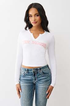 CRYSTAL APPLIQUE V NOTCH LONG SLEEVE TEE, image 2