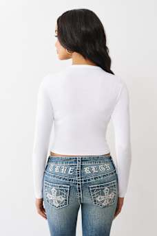 CRYSTAL APPLIQUE V NOTCH LONG SLEEVE TEE, image 5