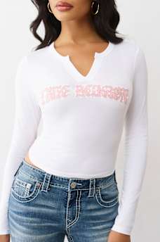 CRYSTAL APPLIQUE V NOTCH LONG SLEEVE TEE, image 1
