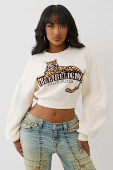 CRYSTAL LEOPARD RUCHED LONG SLEEVE PULLOVER, image 1