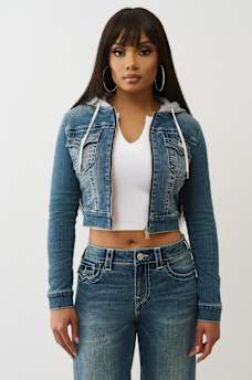 CHAQUETA RECORTADA CON CAPUCHA DE MEZCLILLA, image 2