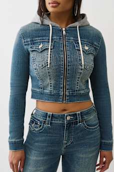 CHAQUETA RECORTADA CON CAPUCHA DE MEZCLILLA, image 4