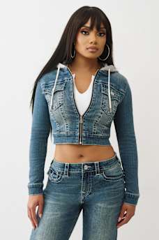 CHAQUETA RECORTADA CON CAPUCHA DE MEZCLILLA, image 1