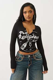 GLITTER RIBBED NOTCH LONG SLEEVE TEE, image 2