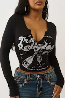 GLITTER RIBBED NOTCH LONG SLEEVE TEE, image 1