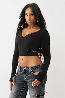 SEAMLESS LACE SCOOP NECK LONG SLEEVE TOP, image 4