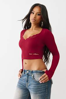 SEAMLESS LACE SCOOP NECK LONG SLEEVE TOP, image 3