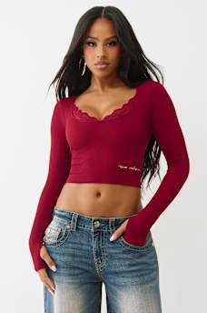 SEAMLESS LACE SCOOP NECK LONG SLEEVE TOP, image 1