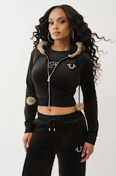 VELOUR FAUX FUR SHRUNKEN ZIP HOODIE, image 2
