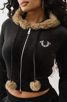 VELOUR FAUX FUR SHRUNKEN ZIP HOODIE, image 4