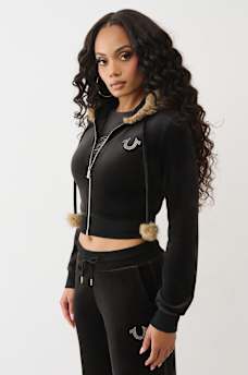 VELOUR FAUX FUR SHRUNKEN ZIP HOODIE, image 5