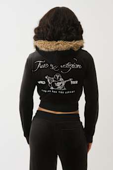 VELOUR FAUX FUR SHRUNKEN ZIP HOODIE, image 6